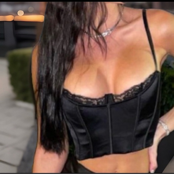 Eyelash Lace Built N Boning Zipper On Side Black Camisole Bustier Crop Corset - Picture 3 of 11